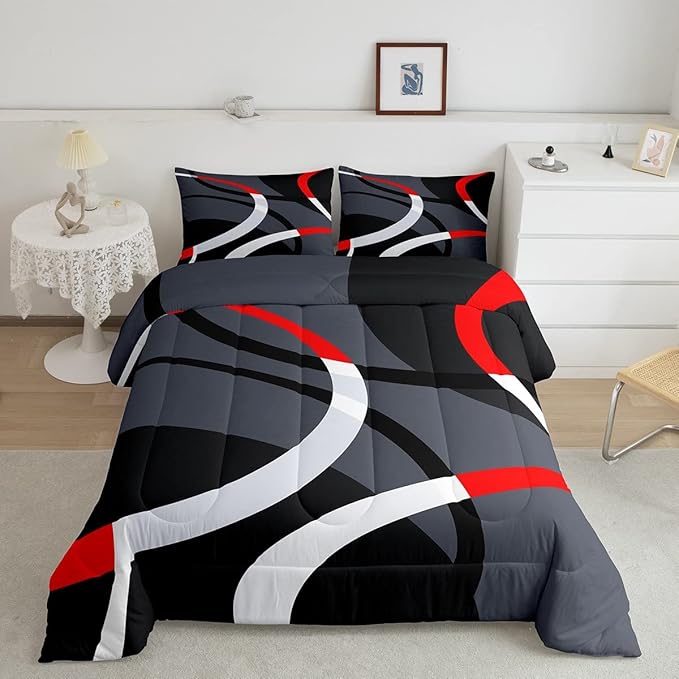 Feelyou Geometric Circle Comforter Set Red Grey and Black Comforter for Kids Boys Girls Teens Geometry Bedding Set Breathable Abstract Art Duvet Set Modern Luxury Room Decor Quilt Set King Size