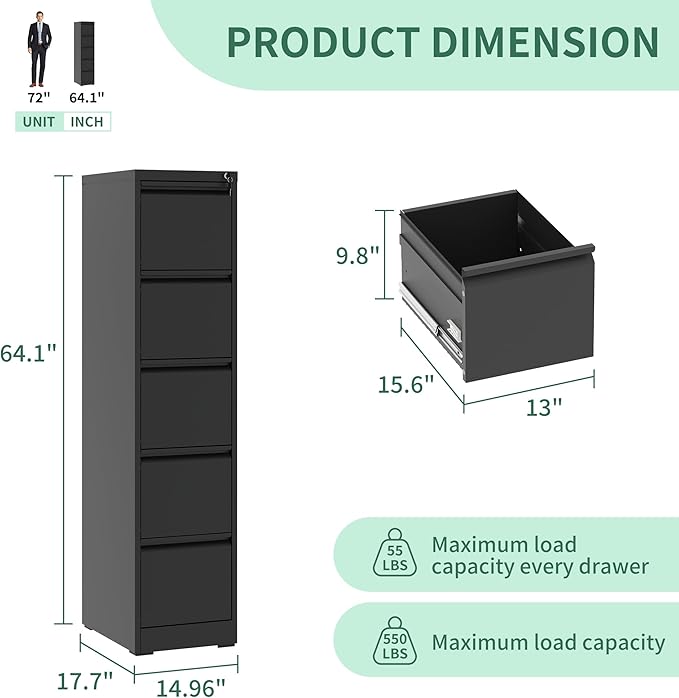 5 Drawer Vertical File Cabinet, Metal File Cabinets with Lock for Home Office, Heavy Duty Office Steel Filing Cabinet for Hanging Files for A4/ Legal/Letter,Assembly Required (Black)