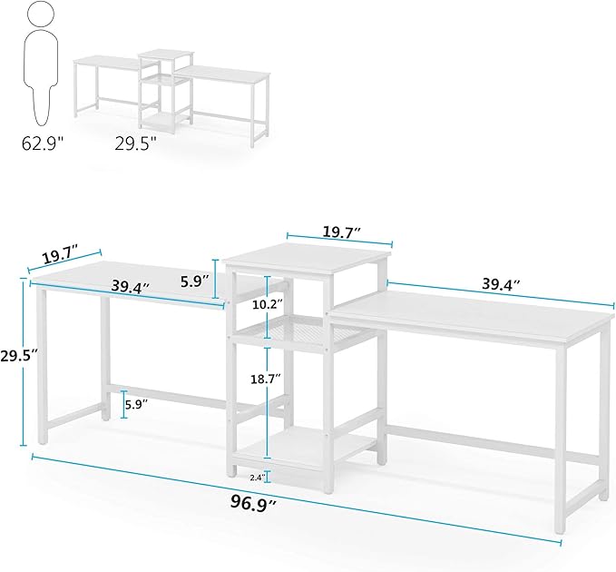 Tribesigns 96.9" Double Computer Desk with Printer Shelf, Extra Long Two Person Desk Workstation with Storage Shelves, Large Office Desk Study Writing Table for Home Office, White