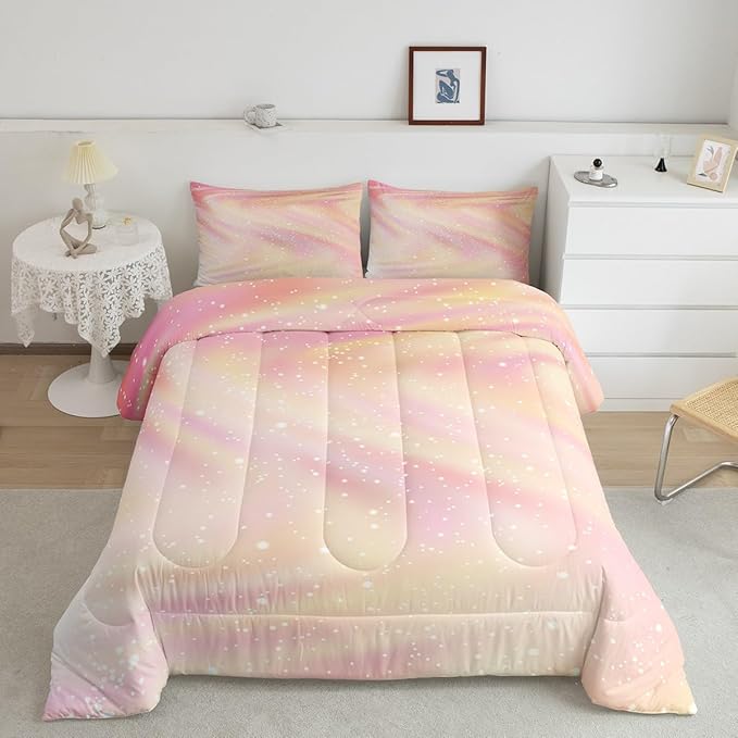 Pastel Girls Twin Bedding, Galaxy Glitter Comforter Set Twin Size for Kids Girls Children Women, Pink Yellow Ombre Bedding Comforter Sets Star Sky Rainbow Sparkle Quilt Tie Dye Bedroom Decor, 2 Pcs
