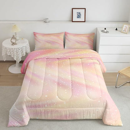 Pastel Girls Twin Bedding, Galaxy Glitter Comforter Set Twin Size for Kids Girls Children Women, Pink Yellow Ombre Bedding Comforter Sets Star Sky Rainbow Sparkle Quilt Tie Dye Bedroom Decor, 2 Pcs