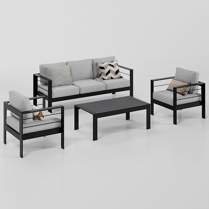 Wisteria Lane Aluminum Outdoor Patio Furniture Set, 4 Pcs Modern Outdoor Conversation Set Sectional Sofa with Upgrade Cushion and Coffee Table for Balcony,Black Frame and Grey Cushion