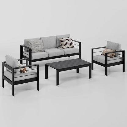 Wisteria Lane Aluminum Outdoor Patio Furniture Set, 4 Pcs Modern Outdoor Conversation Set Sectional Sofa with Upgrade Cushion and Coffee Table for Balcony,Black Frame and Grey Cushion