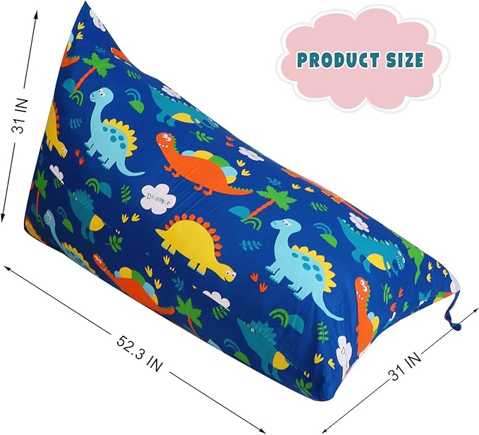 Stuffed Animal Storage Bean Bag Chair Cover, Cotton Blue Dinosaur Plush Toy Storage Stuff and Sit Seat for Kids/Teens/Adults, 52" x 31" Extra Large Triangle Floor Sofa, 200L/52Gal, Cover Only