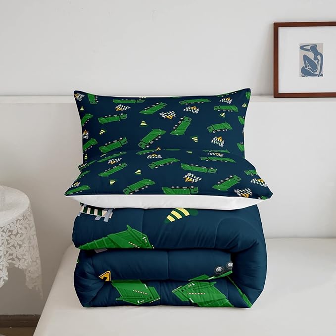 Garbage Truck Toy Print Warm Comforter Setfor Kids Boys, Green Garbage Truck Bedding Set Cartoon Equipment Comforter Navy Blue Decor All Season Quilt Set Room 3Pcs Full Size