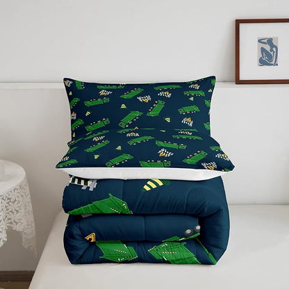 Garbage Truck Toy Print Warm Comforter Setfor Kids Boys, Green Garbage Truck Bedding Set Cartoon Equipment Comforter Navy Blue Decor All Season Quilt Set Room 3Pcs Full Size