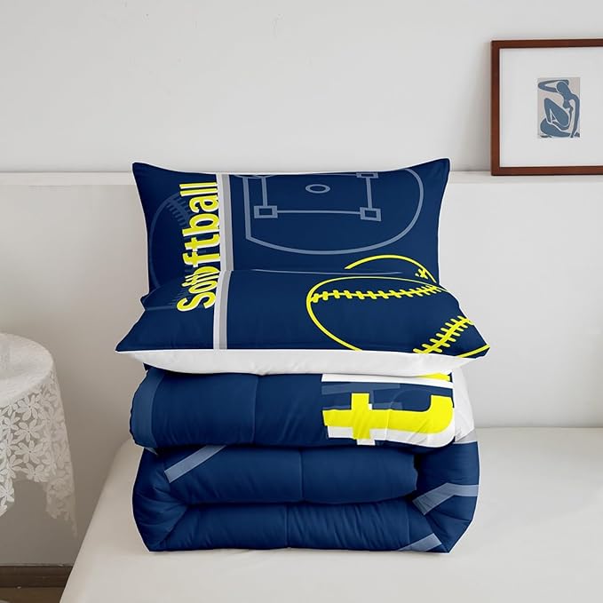 Feelyou Kids Softball Comforter Set Queen Size Sports Game Bedding Set for Boys Girls Teens Bedroom Decor Baseball Comforter Women Men Softball Gaming Duvet Set with 2 Pillow Case
