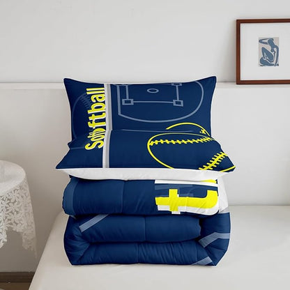 Feelyou Kids Softball Comforter Set Queen Size Sports Game Bedding Set for Boys Girls Teens Bedroom Decor Baseball Comforter Women Men Softball Gaming Duvet Set with 2 Pillow Case