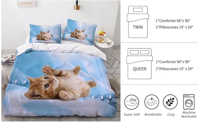 Cat Comforter Set Queen Size for Kids Blue Cat 3Pcs Bedding Set for boys and Girls (1Summer Comforter+ 2 Pillowcases) Lovely Animal Pets Duvet Set