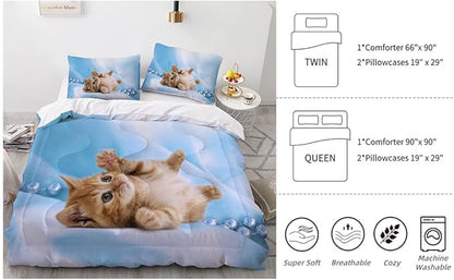 Cat Comforter Set Queen Size for Kids Blue Cat 3Pcs Bedding Set for boys and Girls (1Summer Comforter+ 2 Pillowcases) Lovely Animal Pets Duvet Set