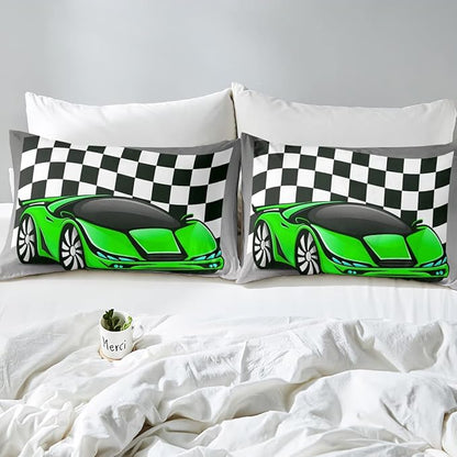 Racing Car Comforter Set, Cool Speed Race Car Down Comforter Full for Kids Boys Girls Teens Bedroom, Automobile Extreme Sport Bedding Set Plaid Checkered Duvet Sets with 2 Pillowcases, Grey Green