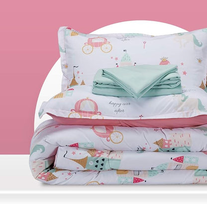 SLEEP ZONE Kids Bedding Comforter Set Full/Queen Size - Super Cute & Soft Kids Bedding 7 Pieces Set with Comforter, Sheet, Pillowcase & Sham (Princess Castle)