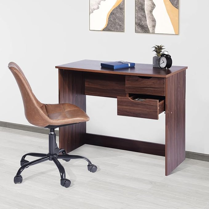 Home Office Computer Desk, 35.4" Small Study Writing Table, with Storage Drawers, Modern Teen Student Adult PC Table Desk, Walnut