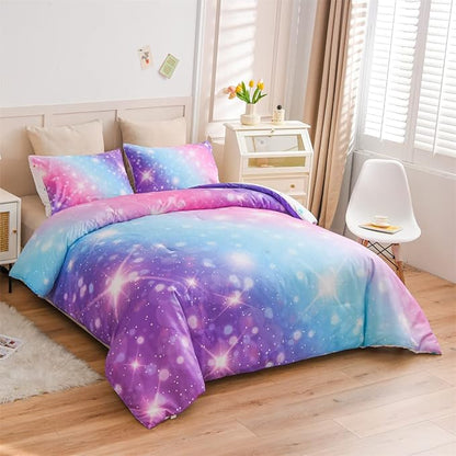 Holawakaka Girls Space Star Rainbow Glitter Comforter Set Ombre Galaxy Print Gradient Reversible Bedding Set Full Size Kids Bed Sets (Pink Lavender, Full)