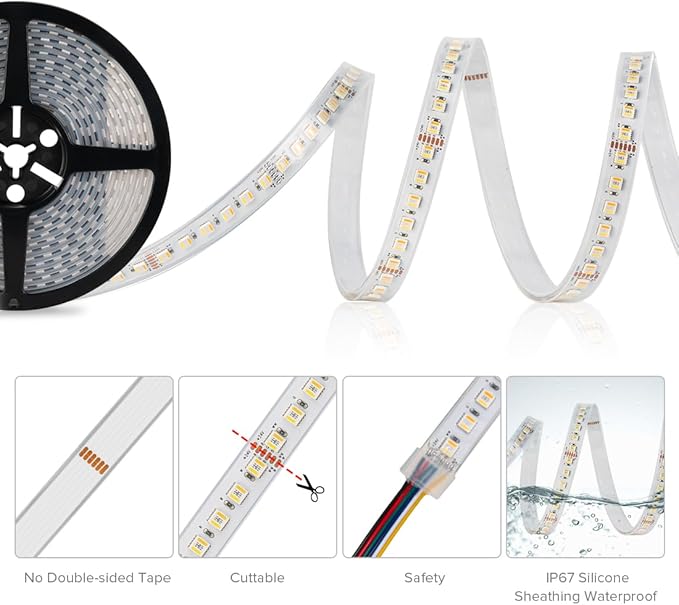BTF-LIGHTING RGBCCT 5 Colors in 1 LED Tape Lights 5050SMD RGBWW RGB+Dimmable Color Temperature 2700K-6500K 16.4ft 96LED/m 480LED IP67 DC24V White PCB for Home Decoration(No Adapter or Controller)