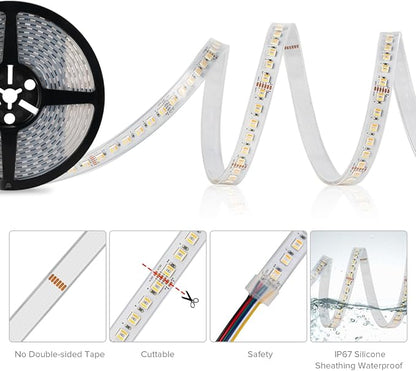 BTF-LIGHTING RGBCCT 5 Colors in 1 LED Tape Lights 5050SMD RGBWW RGB+Dimmable Color Temperature 2700K-6500K 16.4ft 96LED/m 480LED IP67 DC24V White PCB for Home Decoration(No Adapter or Controller)