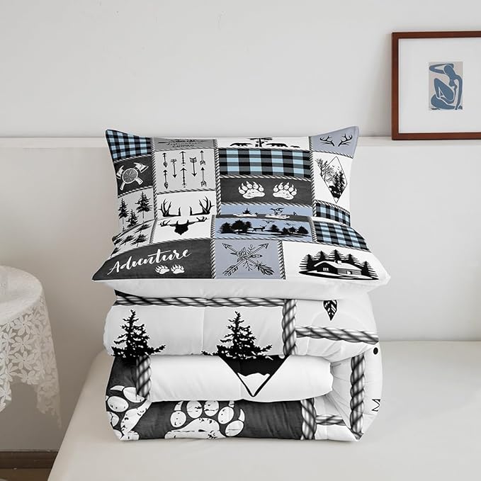 Deer Bear Kids Comforter Set King Size,Hunting Adventure Rustic Farmhouse Bedding Set for Boys Girls Adults Room Decor,Geometric Plaid Patchwork Down Comforter,Blue Xmas Duvet Insert,2 Pillowcases