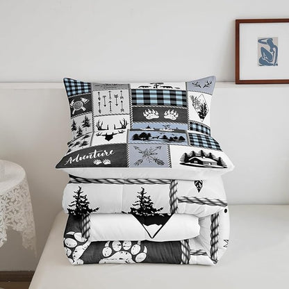 Deer Bear Kids Comforter Set Twin Size,Hunting Adventure Rustic Farmhouse Bedding Set for Boys Girls Adults Room Decor,Geometric Plaid Patchwork Down Comforter,Blue Xmas Duvet Insert,1 Pillowcase
