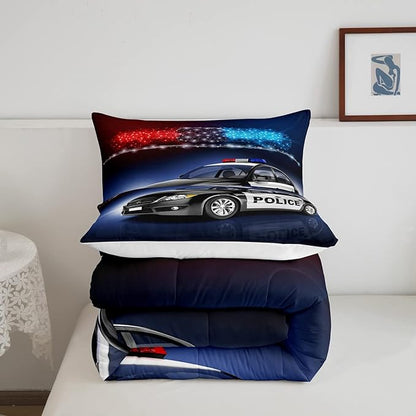 Erosebridal Police Car Comforter Sets Twin Size,Policeman Vehicle Bedding Set for Kids Boys Children,Red Blue Cop Lights Down Comforter Geometric Graphics Duvet Sets Bedroom Decor with 1 Pillow Case