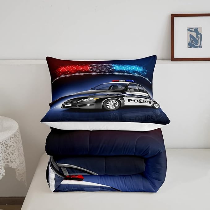 Erosebridal Police Car Comforter Sets Queen Size,Policeman Vehicle Bedding Set For Kids Boys Children,Red Blue Cop Lights Down Comforter Geometric Graphics Duvet Sets Bedroom Decor With 2 Pillow Cases