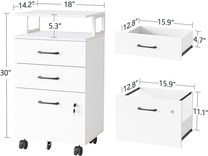 FEZIBO File Cabinet with Lock for Home Office, 3-Drawer Rolling Filing Cabinet, Home Office File Cabinet for A4/Letter/Legal Size, Printer Stand, Wooden Storage Cabinet, White
