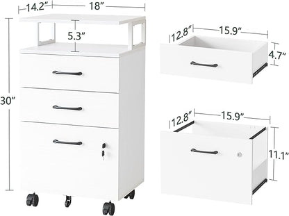 FEZIBO File Cabinet with Lock for Home Office, 3-Drawer Rolling Filing Cabinet, Home Office File Cabinet for A4/Letter/Legal Size, Printer Stand, Wooden Storage Cabinet, White