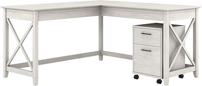 Bush Furniture Key West 60W L Shaped Desk with 2 Drawer Mobile File Cabinet in Linen White Oak