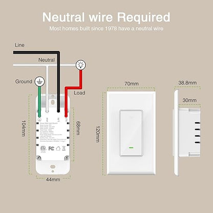 GHome Smart Switch, 2.4Ghz Wi-Fi Light Switch Compatible with Alexa, Google Home, Neutral Wire Required, Single-Pole,UL Certified,Voice Control and Timer, No Hub Required,1 Pack, White (SW5)