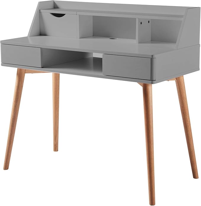 Teamson Home Creativo Writing Study Computer Desk with Solid Wood Legs, Storage Drawers and Open Shelves Hutch for Home Office Living Room Reading Bedroom, 37 inch Height, Gray