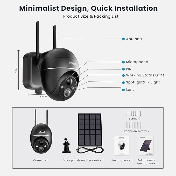ieGeek 5MP Security Cameras Wireless Outdoor, Solar Outdoor Security Cameras System 360° PTZ with Spotlight & Siren, 2.4Ghz Outdoor Cameras for Home Security,Color Night Vision, Compatible with Alexa