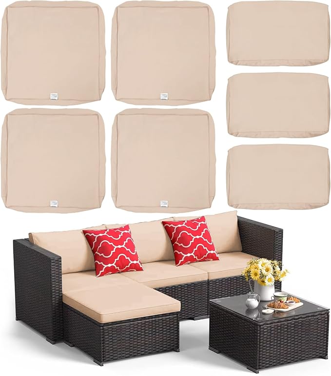 ClawsCover 7Pack Outdoor Seat and Back Cushions Replacement Covers Fit for 3/5 Pieces 4-Seater Wicker Rattan Patio Furniture Conversation Set Sectional Couch,Light Khaki-Small (Include Cover Only)