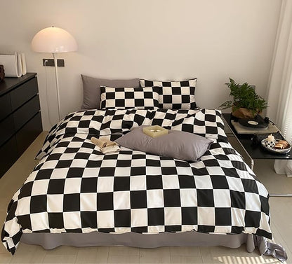 Black White Grid Comforter Queen Black Plaid Bedding Set Women Black and White Checkered Bed Comforter Set Breathable Blanket Set Men Durable Bedding Comforter Set