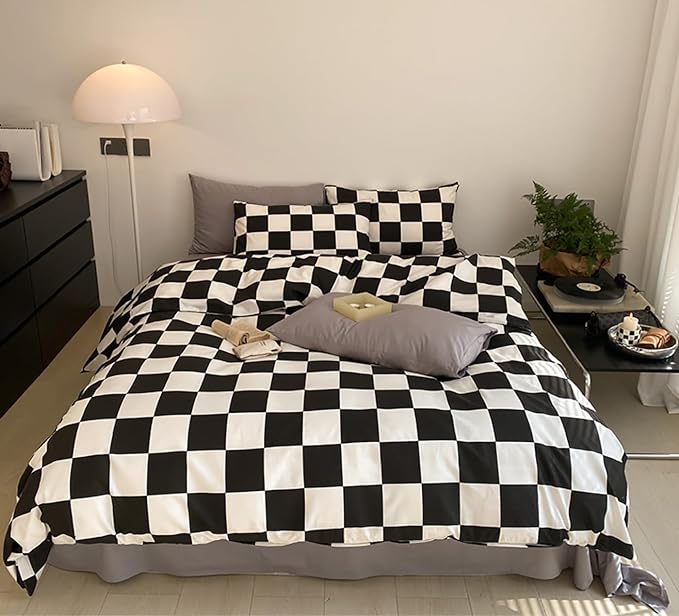 Black White Grid Comforter Set Cal King Black Plaid Bedding Set Women Black and White Checkered Bed Comforter Set Breathable Blanket Set Men Durable Bedding Comforter Set