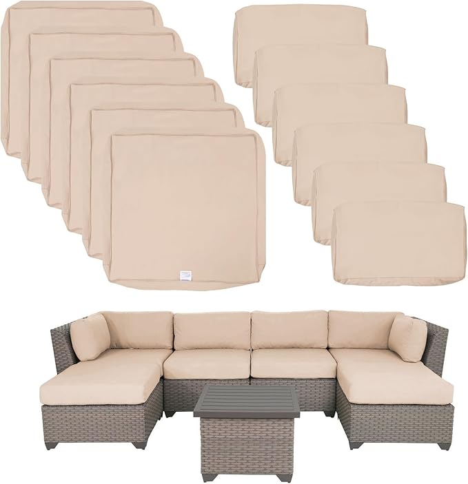 ClawsCover 12 Pack Outdoor Patio Seat and Back Cushions Replacement Covers Fit for 7Pieces 6-Seater Wicker Rattan Furniture Conversation Set Sectional Couch Chair,Light Khaki-Include Cover Only