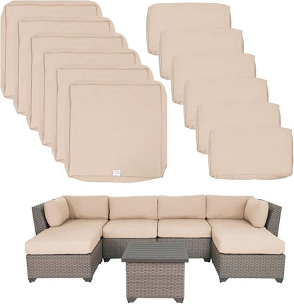 ClawsCover 12 Pack Outdoor Patio Seat and Back Cushions Replacement Covers Fit for 7Pieces 6-Seater Wicker Rattan Furniture Conversation Set Sectional Couch Chair,Light Khaki-Include Cover Only
