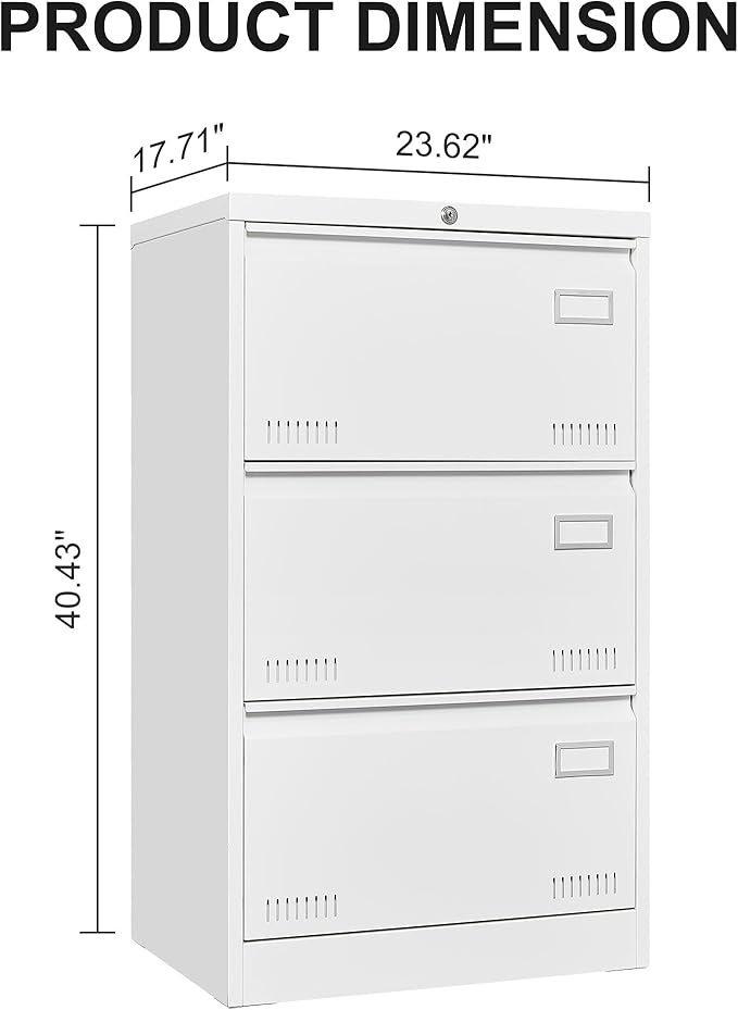3 Drawer Lateral Lock and Card Holder, Multifunctional Metal Filing Cabinets w/Heavy 3 Section Slide Rail & Breathable Holes,for Legal/Letter/A4,White