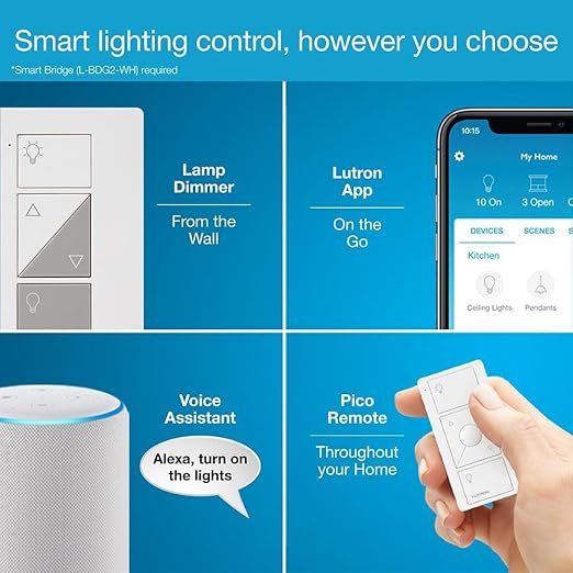Lutron Caseta Smart Lamp Dimmer 3-Way Kit and Pico Remote, for Floor and Table Lamps, for Dimmable LED Lights, 100 Watt, Single-Pole/3-Way, P-PKG1P-WH