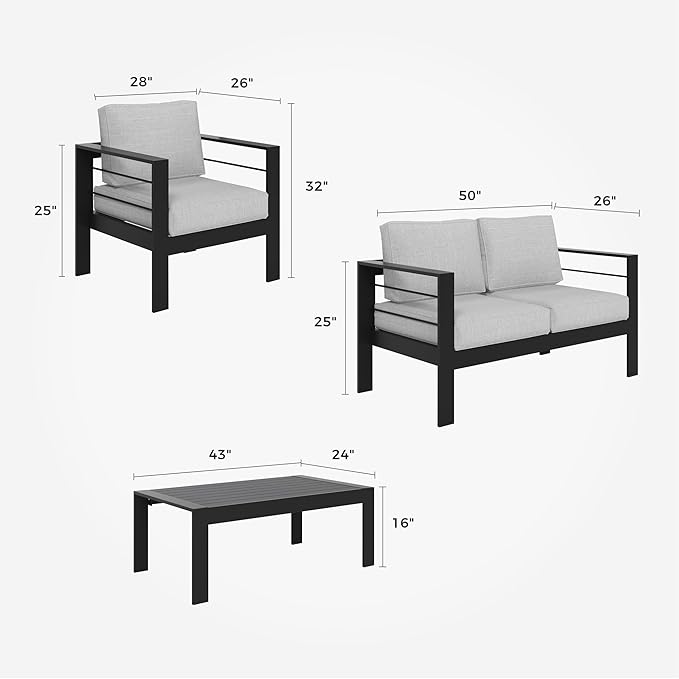 Solaste Outdoor Aluminum Furniture Set - 4 Pieces Patio Sectional Chat Sofa Conversation Set with Table,Black Frame and Grey Cushion