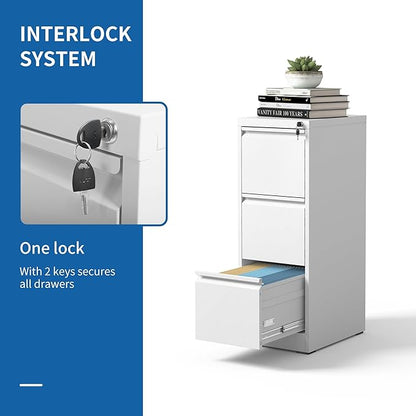 Vertical File Cabinet with Drawer, 3 Drawer File Cabinet with Lock, Filing Cabinets for Home Office, Hanging Files for A4/ Legal/Letter, White