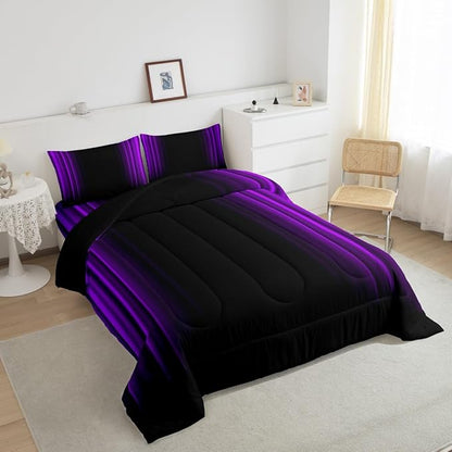 Geometric Abstract Ombre Comforter Set Kids Teens Purple and Black Striped Bedding Bed Set Decor Modern Fashion Comforter Inner Fill Bedroom Collection 3Pcs Full Size