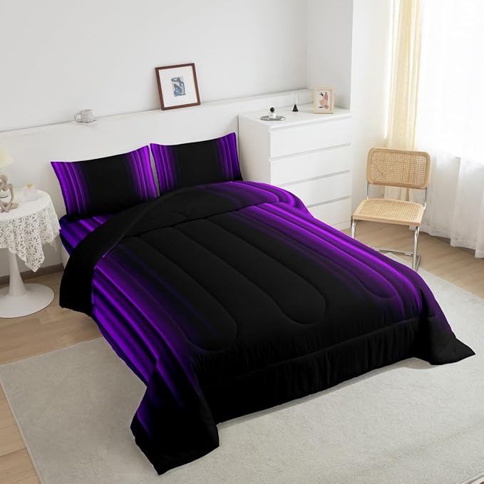 Geometric Abstract Ombre Comforter Set Kids Teens Purple and Black Striped Bedding Bed Set Decor Modern Fashion Comforter Inner Fill Bedroom Collection 2Pcs Twin Size