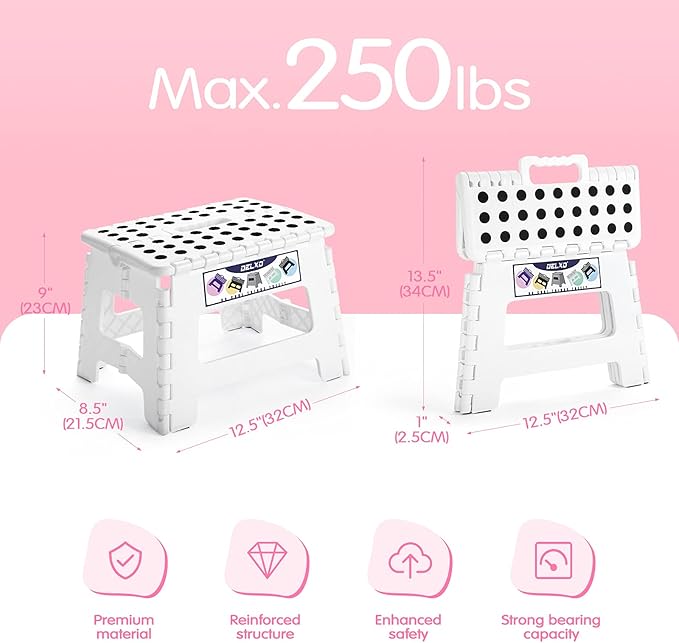 Delxo 9” Folding Step Stool in White,1 Pack Premium Heavy Duty Foldable Stool for Kids,Portable Collapsible Plastic Step Stool,Non Slip Folding Stools for Kitchen Bathroom Bedroom