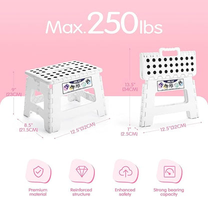 Delxo 9” Folding Step Stool in White,1 Pack Premium Heavy Duty Foldable Stool for Kids,Portable Collapsible Plastic Step Stool,Non Slip Folding Stools for Kitchen Bathroom Bedroom