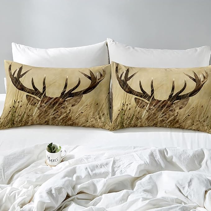 Antler Comforter Set Twin, Whitetail Deer Down Comforter, Stag Quilted Duvet, Countryside Rural Hunting Theme Comforter Set for Christmas Decorations Bedroom Decor All Season, Ultra Lightweight