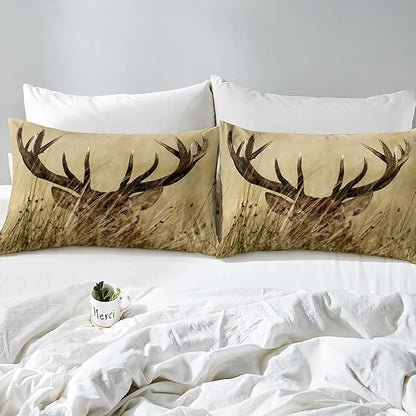 Antler Comforter Set Twin, Whitetail Deer Down Comforter, Stag Quilted Duvet, Countryside Rural Hunting Theme Comforter Set for Christmas Decorations Bedroom Decor All Season, Ultra Lightweight