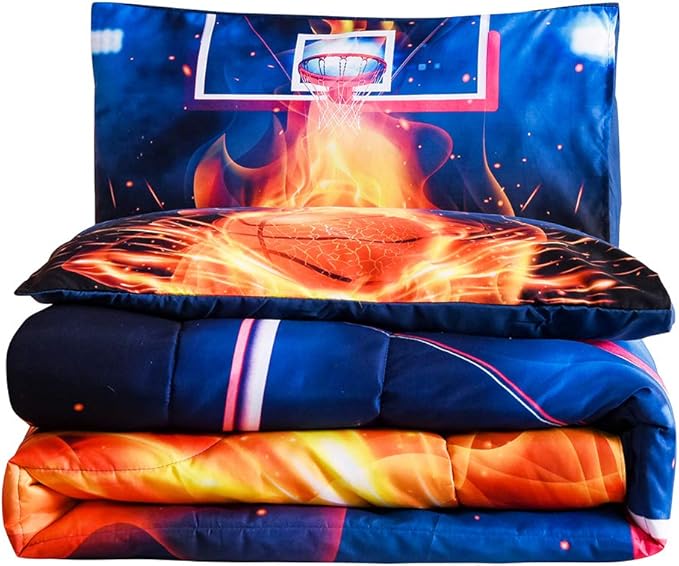 Btargot Basketball Fire Court Comforter Sets Full for Boys Teens,3D Sports Bedding,Soft Microfiber Reversible Quilt with 2 Matching Pillow Shams