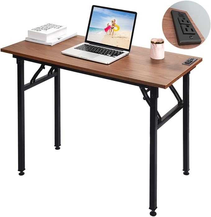 Frylr Small Folding Computer Desk 31.5''LX 15.7''X 29'' with 2 Power Sockets and 2.1A USB Charging Ports, Home Office Desk Portable Writing Desks for Small Space, Foldable Desk, Walnut