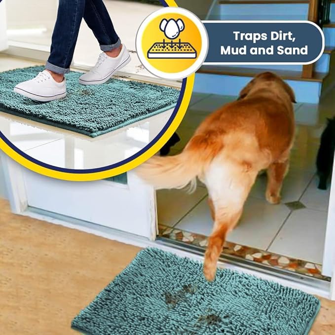 Muddy Mat® Shown ON TV Highly Absorbent Microfiber Door Mat and Pet Rug Non Slip Thick Washable Area and Bath Mat Soft Chenille for Kitchen Bedroom Indoor and Outdoor - Seafoam Green Small 28"X18"
