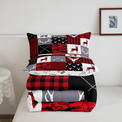 Deer Silhouette Comforter Set Full Size,Antler Arrow Grid Stripe Design Bedding Duvet 3pcs for Kids Teens Adult Boys Girls Home Room Decoration, Camouflage Christmas Style Red Quilt Set