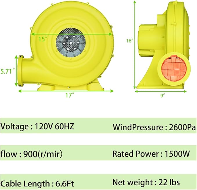 1500W (2HP) Air Blower, Commercial Inflatable Bouncer Blower, Perfect for Inflatable Bounce House, Jumper, Bouncy Castle…